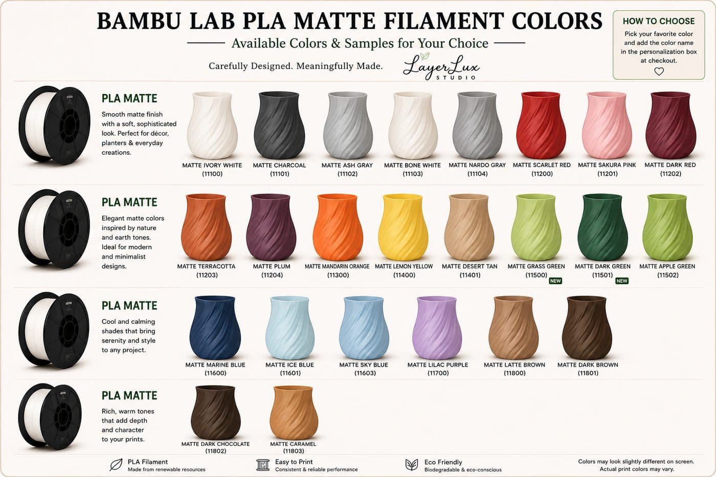 PLA Matte — real color reference